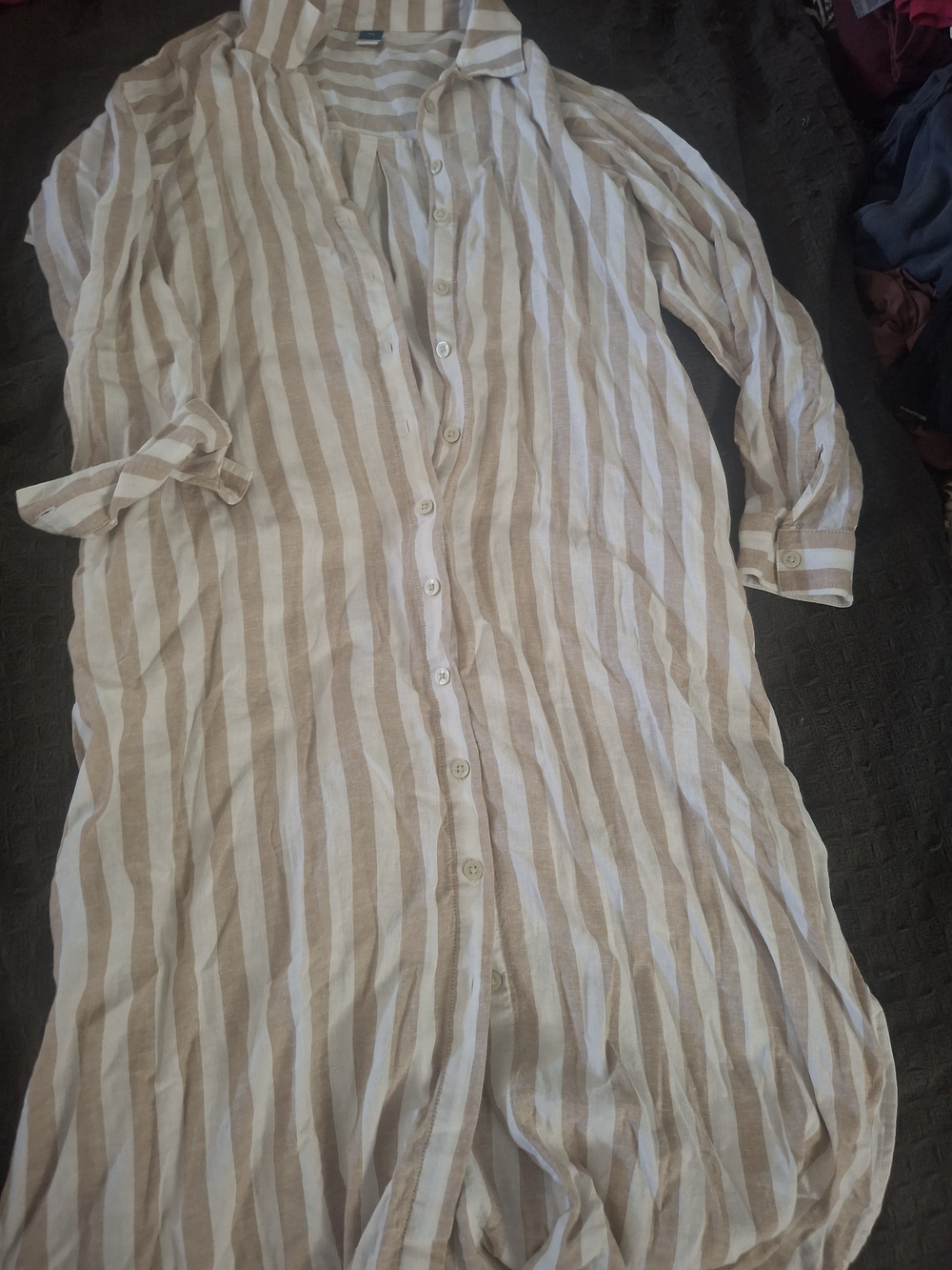 Old Navy Beige and White Striped Button-Front Shirt Dress